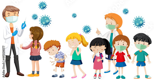 Many kids waiting in queue to get covid-19 vaccine on white background