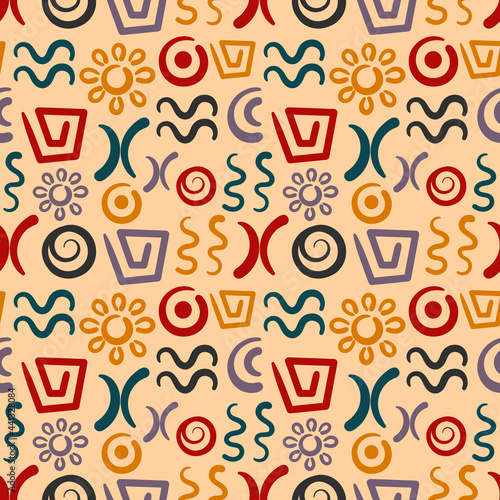 Abstract signs and elements, ancient writing. Seamless pattern. Hand drawn Vector doodles of ancient ethnic traditional symbols.