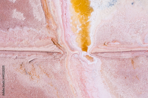 Aerial view of colourful patterns in a pink salt lake photo