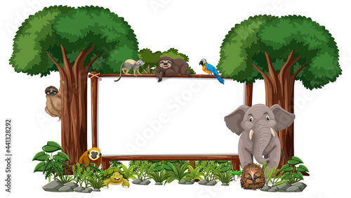 Canvas Print Empty banner with wild animals and rainforest trees on white background
