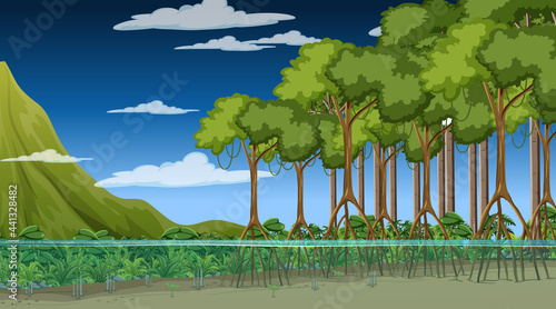Nature scene with Mangrove forest at night in cartoon style