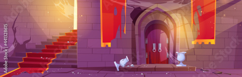 Abandoned medieval castle interior. Dilapidated fairytale palace with cracked wooden arched door, broken flower pots, ragged banners on wall and spiderweb over stone stairs Cartoon vector illustration