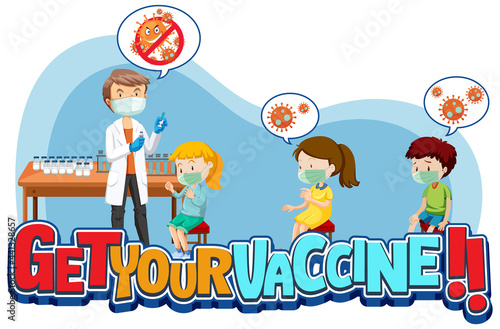Get Your Vaccine font banner with many kids waiting in queue to get vaccine shot