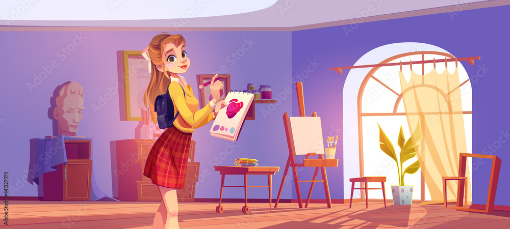 Art school cartoon illustration. Artist girl at easel paint flower. Painter young woman in teenage clothes holding pencil and sketchbook with rose blossom sketch. Workshop studio class vector interior Art school cartoon illustration. Artist girl at easel paint flower. Painter young woman in teenage clothes holding pencil and sketchbook with rose blossom sketch. Workshop studio class vector interior