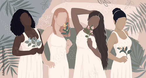 women of different ethnic groups together. modern flat illustration.