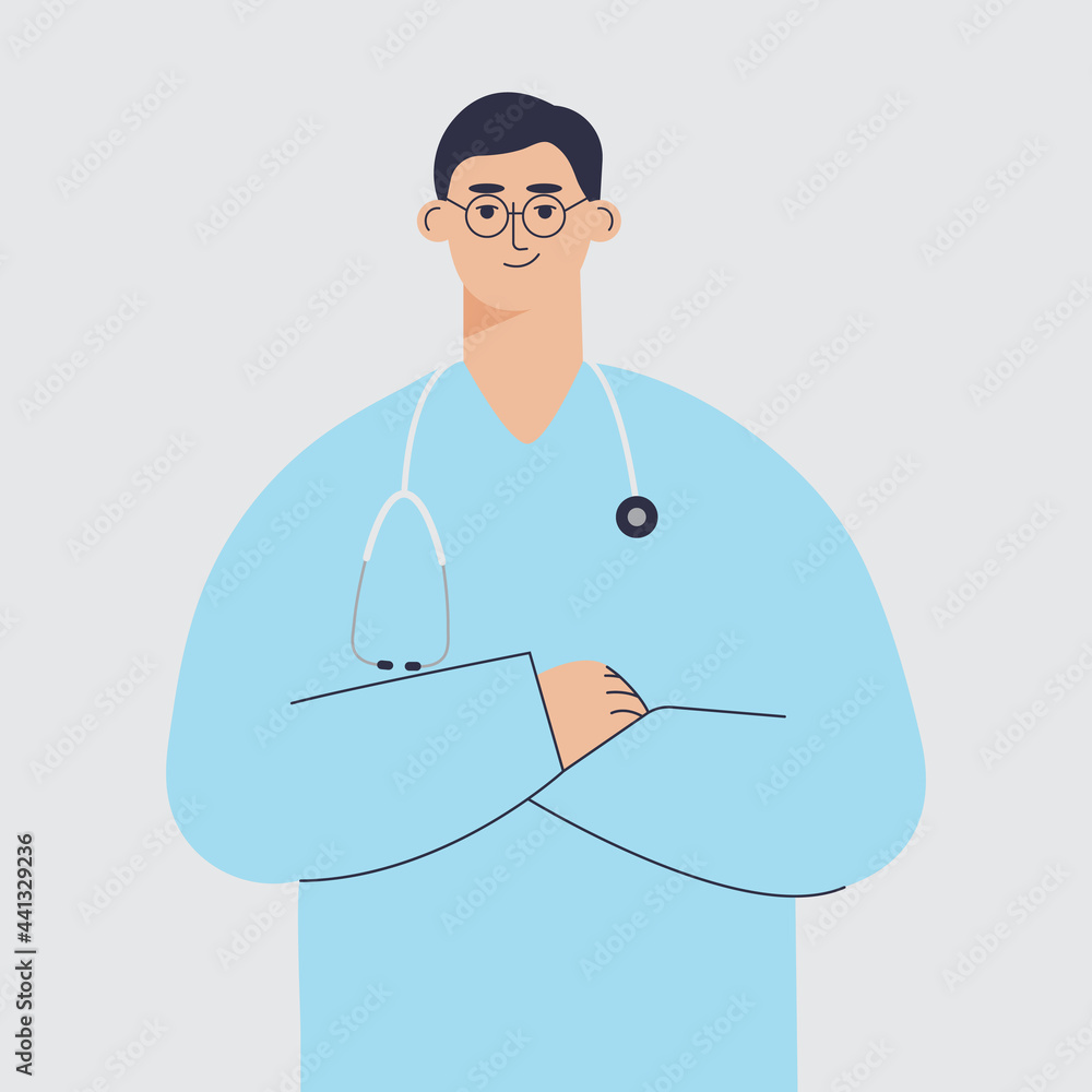 Male doctor with stethoscope isolated on white background. Smiling nurse vector illustration in flat style. Cute cartoon character as medical specialist Male doctor with stethoscope isolated on white background. Smiling nurse vector illustration in flat style. Cute cartoon character as medical specialist