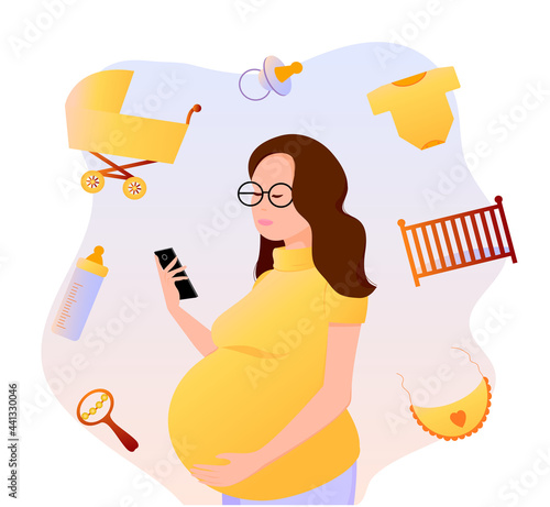 A pregnant woman holds a phone in her hands and makes online shopping for a newborn baby. The mom-to-be is shopping online. Vector illustration.
