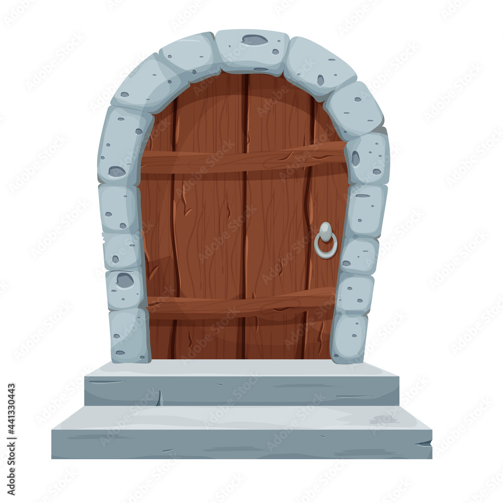 Stone arch with wooden door, castle gate in cartoon style isolated on white  background. Ancient, medieval entrance. Ui asset, textured, detailed  object. Vector illustration Stock Vector | Adobe Stock