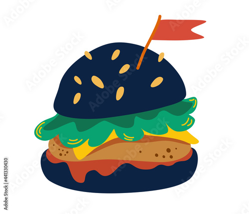 Burger on black bun. Black burger with cutlet, cheese, tomato, lettuce and a flag. Flat design for menu cafe, restaurant, poster, sticker. Hamburger. Vector flat illustration.