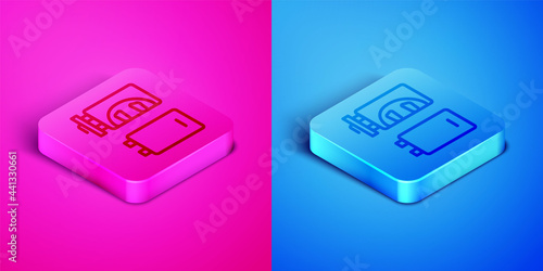 Isometric line Crematorium icon isolated on pink and blue background. Square button. Vector