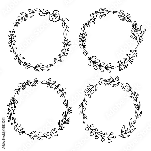 Set of black doodle round frames, vignettes for bullet journal, notebook, diary, and planner isolated on white background. Hand-drawn wreaths with space for your text 