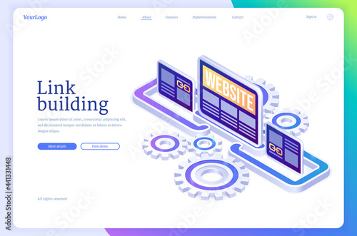 Link building isometric landing page. Search engine optimization, SEO effective method. Hyperlink connection between online websites. Successful strategy for home page development 3d vector web banner