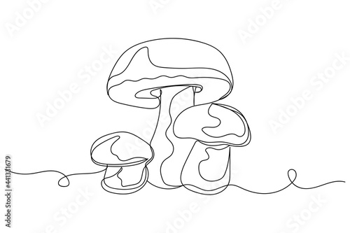 Continuous one line of boletus mushrooms in silhouette on a white background. Linear stylized.Minimalist.