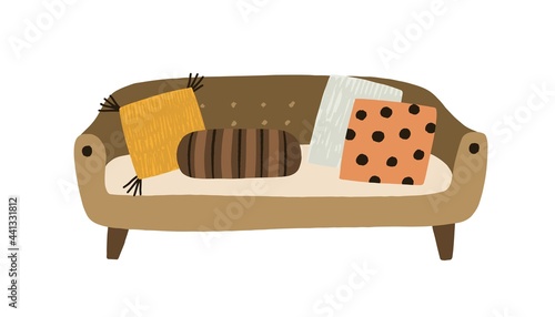 Cozy modern sofa with cushions in retro style. Front view of trendy couch and pillows. Divan with upholstery and wooden legs. Flat vector illustration of living room's furniture isolated on white