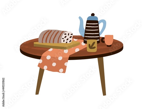 Wooden round coffee table with teapot, tea cup and cake for cozy home interior design. Modern stylish homey rustic wood furniture. Colored flat vector illustration isolated on white background