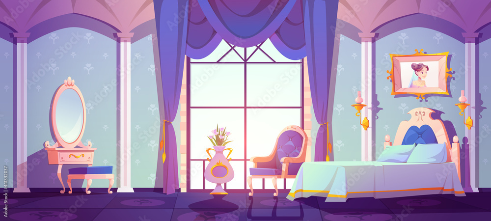 Princess royal bedroom, vintage room interior with elegant retro furniture,  bed, cupboard, floral pattern wallpaper decor. Cartoon vector illustration  Stock Vector | Adobe Stock