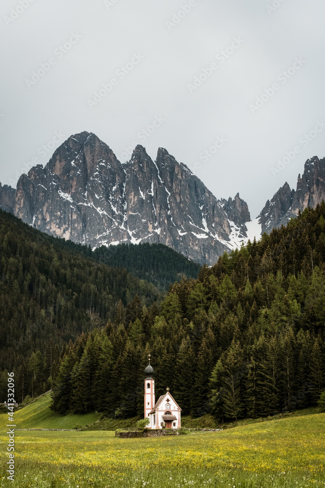 The chapel of St Johann in the meadows of Val di Funes in the Dolomites