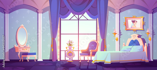 Princess royal bedroom, vintage room interior with elegant retro furniture, bed, cupboard, floral pattern wallpaper decor. Cartoon vector illustration