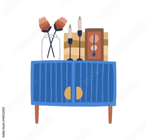 Mid-century two-door cabinet on wooden legs for modern interior design. Night...