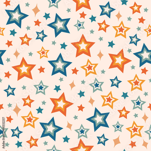 1970's retro hippie seamless vector pattern. Seventies style repeat texture design with orange, blue and teal star shape illustrations on neutral beige background. Colourful, funky, cool 70's print