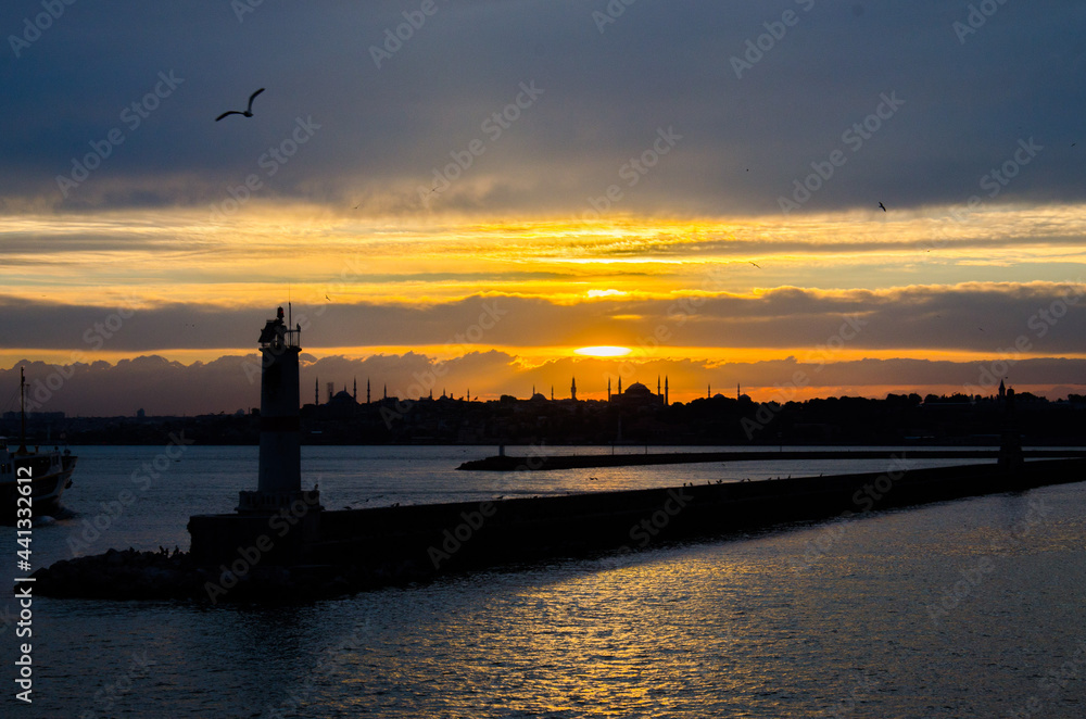 Sunset in Istanbul from ferry - stock photo