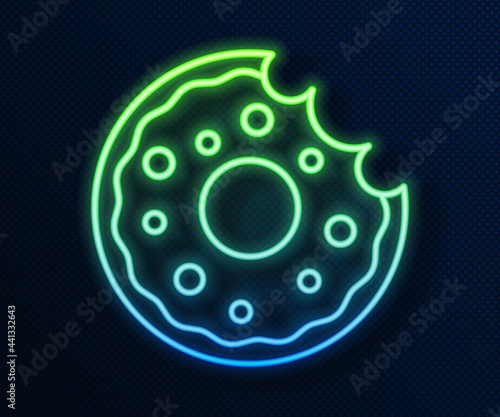 Glowing neon line Donut with sweet glaze icon isolated on blue background. Vector