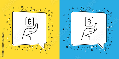 Set line Hand holding Bitcoin icon isolated on yellow and blue background. Blockchain technology, digital money market, cryptocoin wallet. Vector