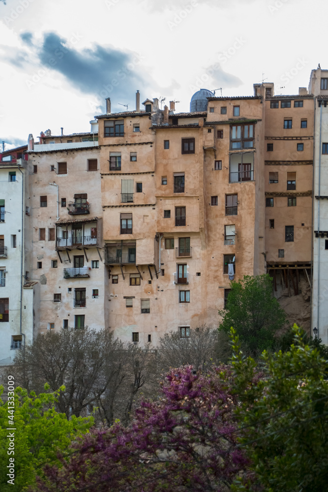 View at the Cuenca Hanging Houses, Casas Colgadas, iconic architecture on Cuenca city