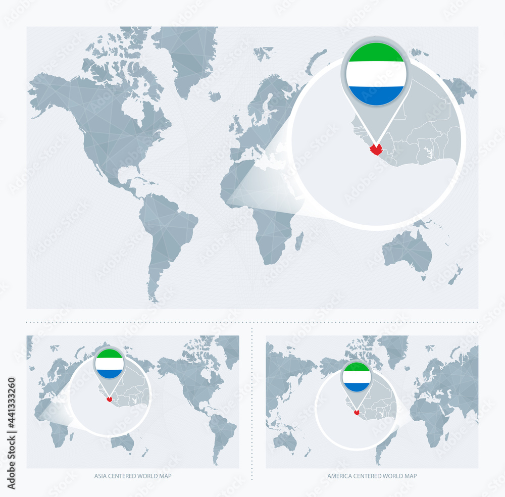 Magnified Sierra Leone Over Map Of The World 3 Versions Of The World