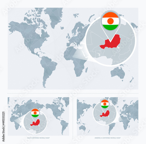 Magnified Niger over Map of the World, 3 versions of the World Map with flag and map of Niger.