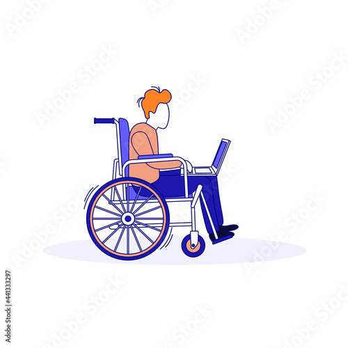 A disabled man in a wheelchair works at a laptop. Social inclusion concept. Remote accessible work for a disabled person. Adapting to social life