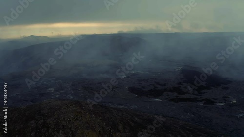 Wallpaper Mural Panoramic View Of Smoke From Lava Flow At Volcano Eruption Site On A Sunset. panning right Torontodigital.ca