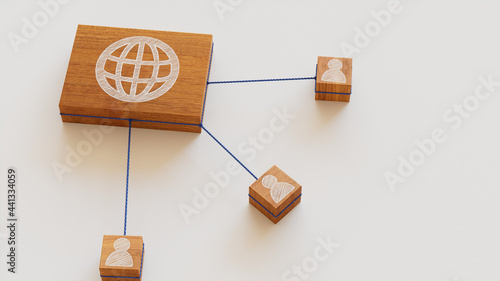 Internet Technology Concept with web Symbol on a Wooden Block. User Network Connections are Represented with Blue string. White background. 3D Render. photo