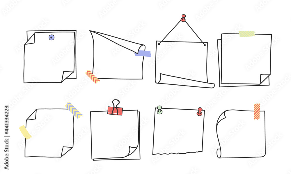 Doodle hand drawn memo notes and reminders vector illustration set ...