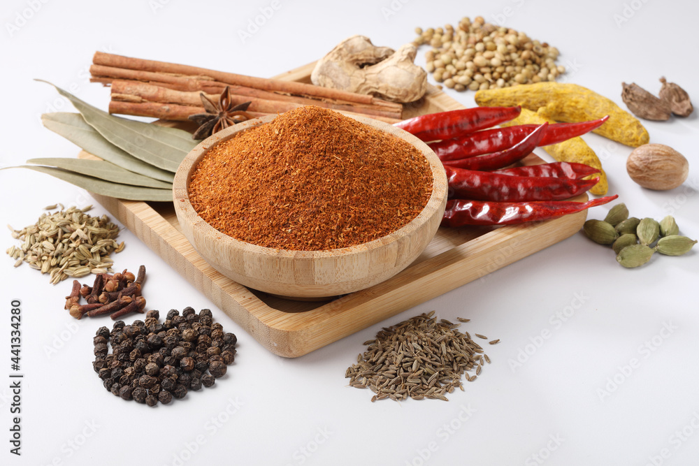 Indian garam masala powder and whole ingredients spices for curry Stock