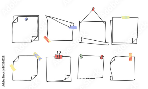 Doodle hand drawn memo notes and reminders vector illustration set. Simple drawing doodle style sketches of square paper sheets with curved corners cute diary design with clip, pins and duct tape.