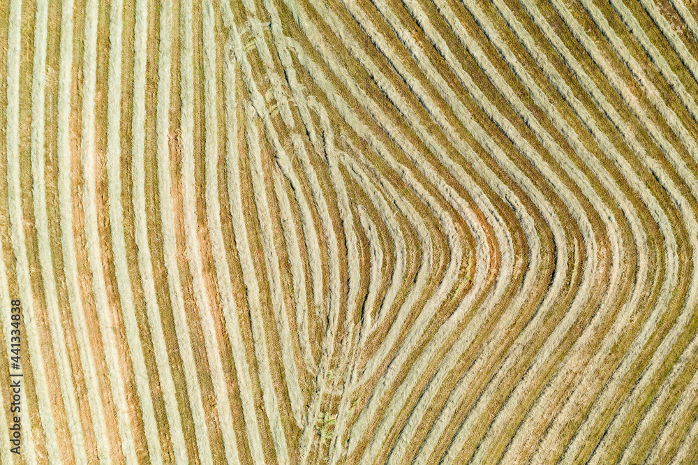 Aerial view of harvesting patterns in an empty paddock