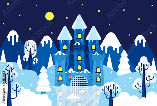 Snowy winter castle among mountains and trees, vector cartoon illustration in flat cartoon stile