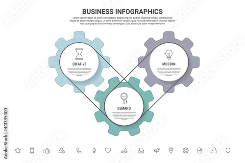 Vector infographic gears with 3 steps. Modern timeline with cogwheels for business concept, chart, diagram, web, banner, presentations, flowchart, levels