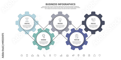 Vector infographic gears with five steps. Modern timeline with cogwheels for business concept, chart, diagram, web, banner, presentations, flowchart, levels