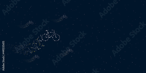 A bicycle symbol filled with dots flies through the stars leaving a trail behind. Four small symbols around. Empty space for text on the right. Vector illustration on dark blue background with stars