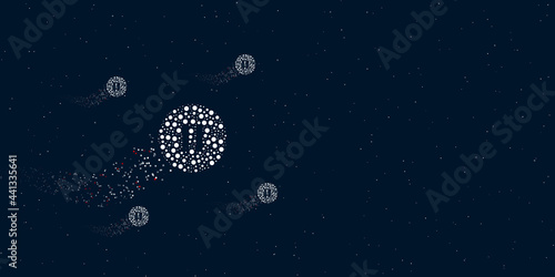 A pause symbol filled with dots flies through the stars leaving a trail behind. Four small symbols around. Empty space for text on the right. Vector illustration on dark blue background with stars