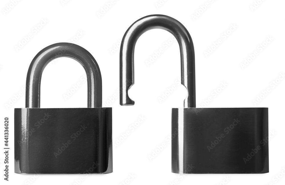 Locked and open metal padlocks on white background, collage Locked and open metal padlocks on white background, collage