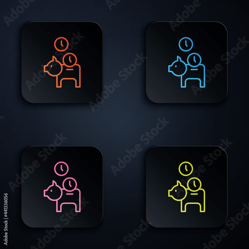 Color neon line Piggy bank with coin icon isolated on black background. Icon saving or accumulation of money, investment. Set icons in square buttons. Vector