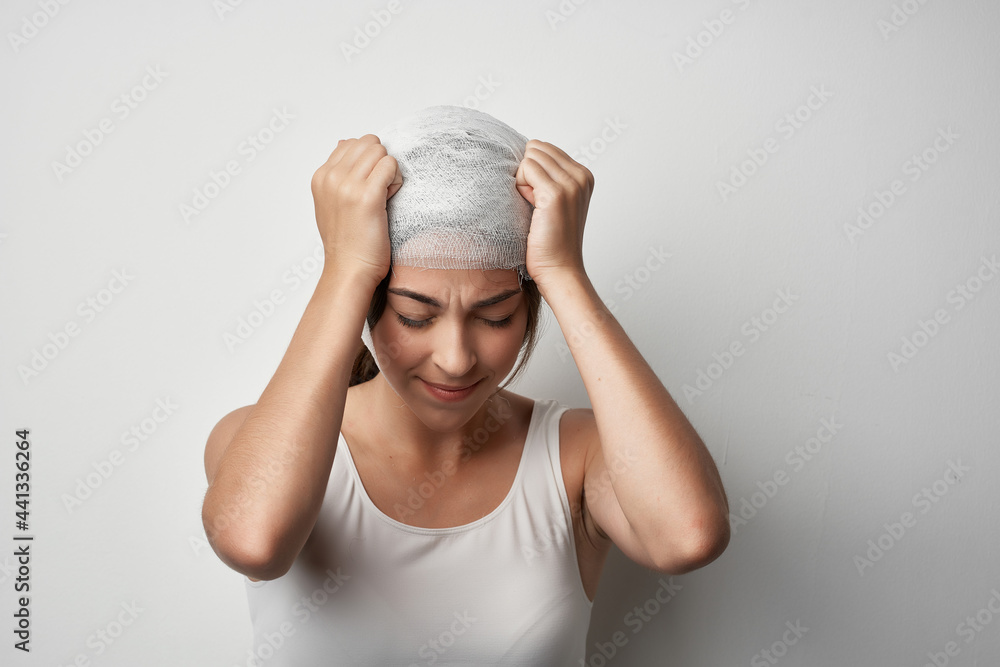 woman with head injury health problems discontent bandage woman with head injury health problems discontent bandage