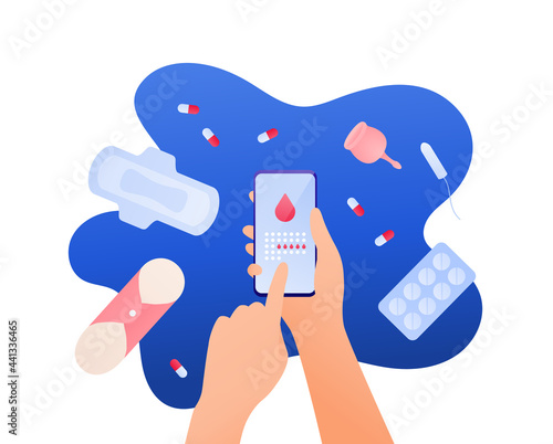 Female periods concept. Vector flat illustration. Female hands hold smart phone with calendar and blood drop on screen. Menstruation cup, pads, painreliever symbol. Design for health care, business photo