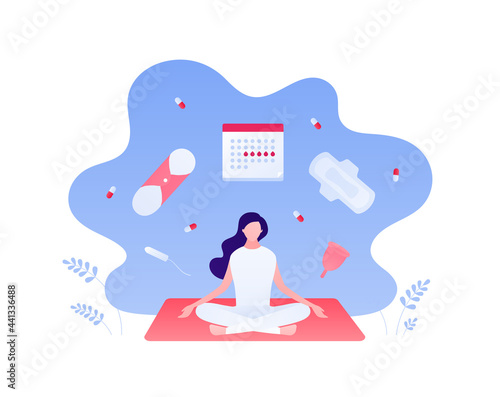 Female periods concept. Vector flat character illustration. Woman sitting in lotus meditation pose. Calendar, pads, pills symbol. Design for health care, business