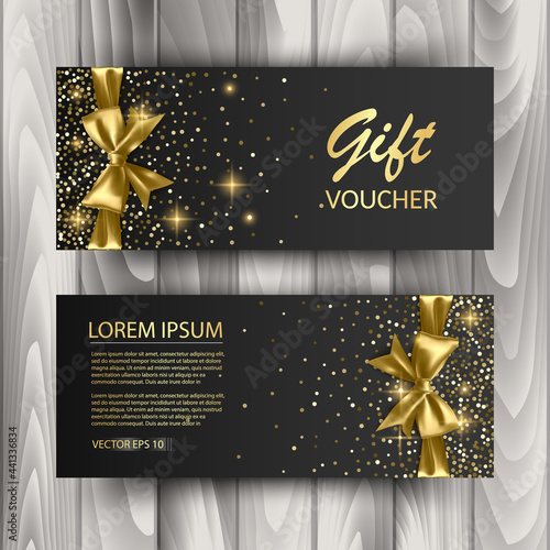 Set of Gift Voucher Card Template, Advertising or Sale. template with glitter texture and realistic bow illustration, vector eps 10