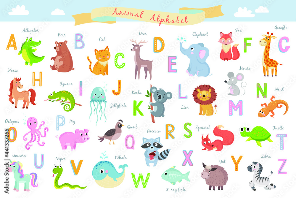 Obraz premium cute english animal alphabet on white background vector illustration