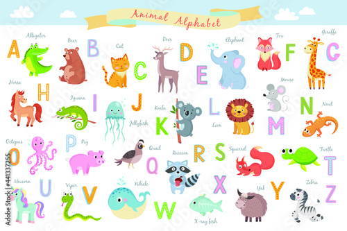 Fototapeta Naklejka Na Ścianę i Meble -  cute english animal alphabet on white background vector illustration